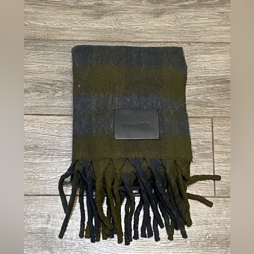 New All Saints Brushed Check Scarf Khaki Mist